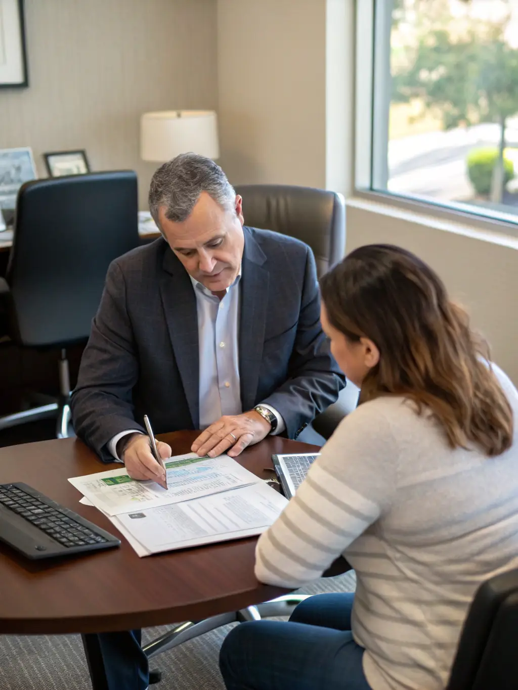 A professional financial advisor discussing wealth plans with a client in a modern office setting, representing Wealth Management.