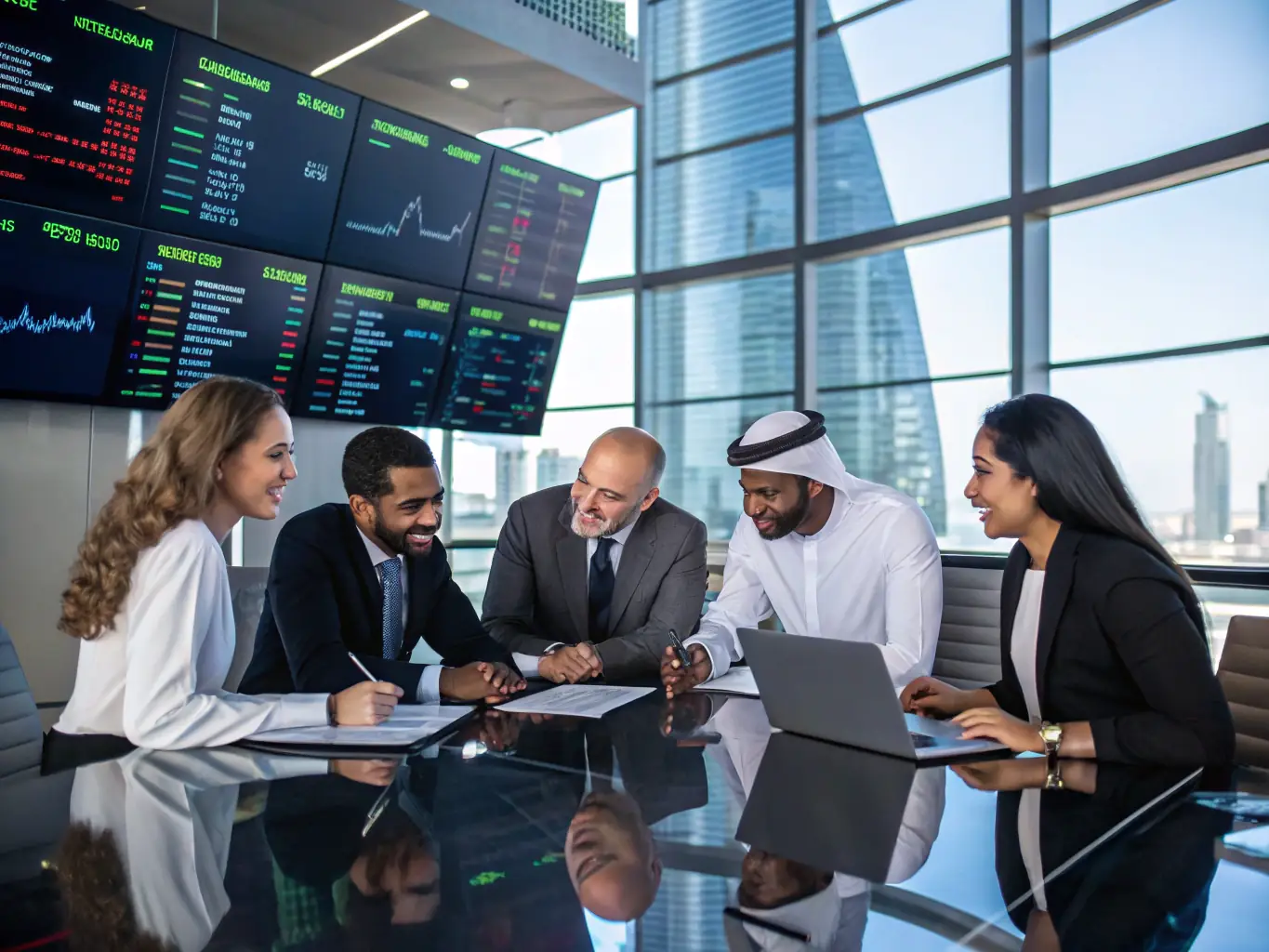 An image showing a diverse team of financial consultants collaborating in a modern office, representing expertise and teamwork.