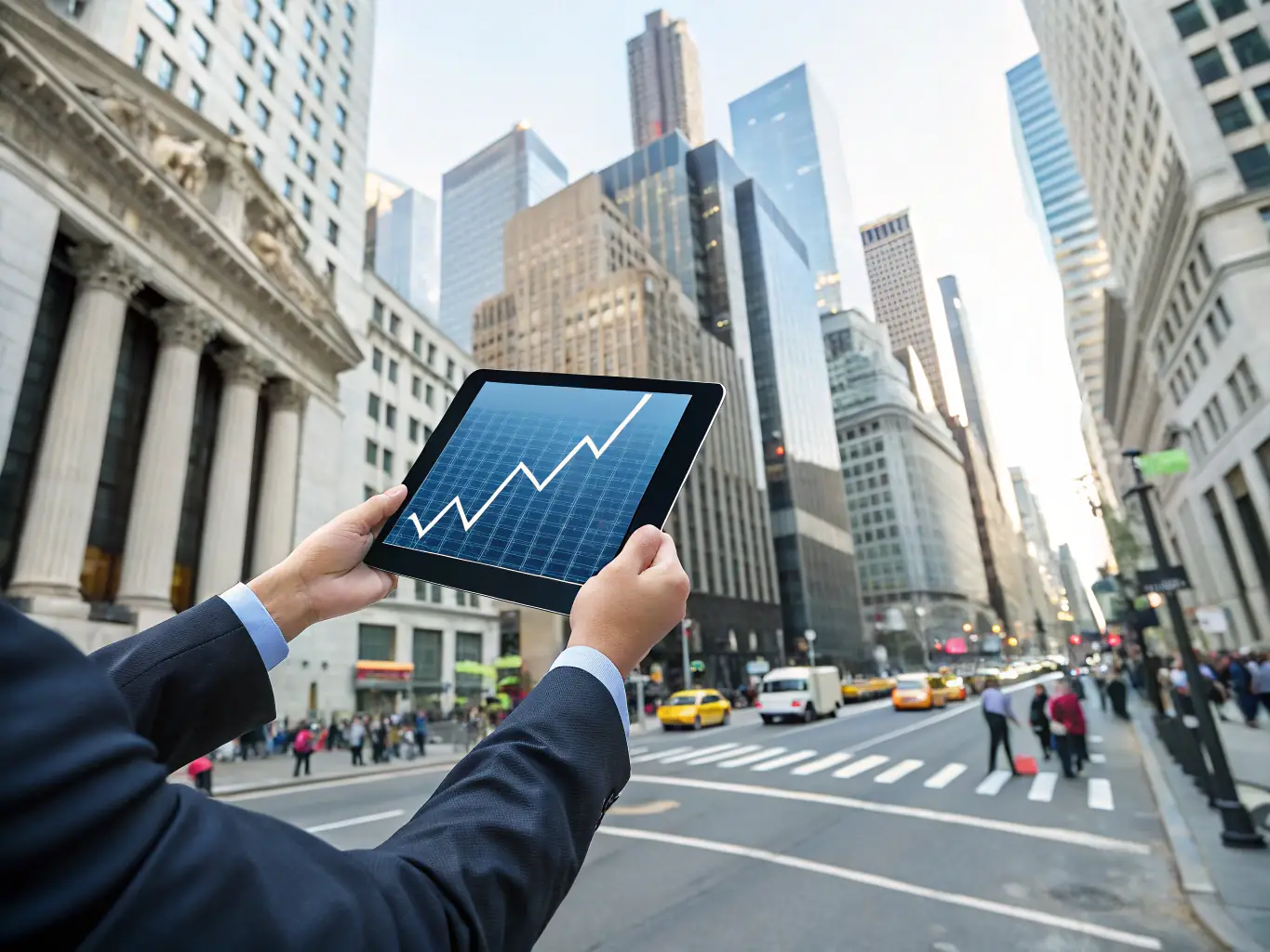 An image of a successful Mexican business owner smiling and holding a tablet displaying positive financial growth charts.