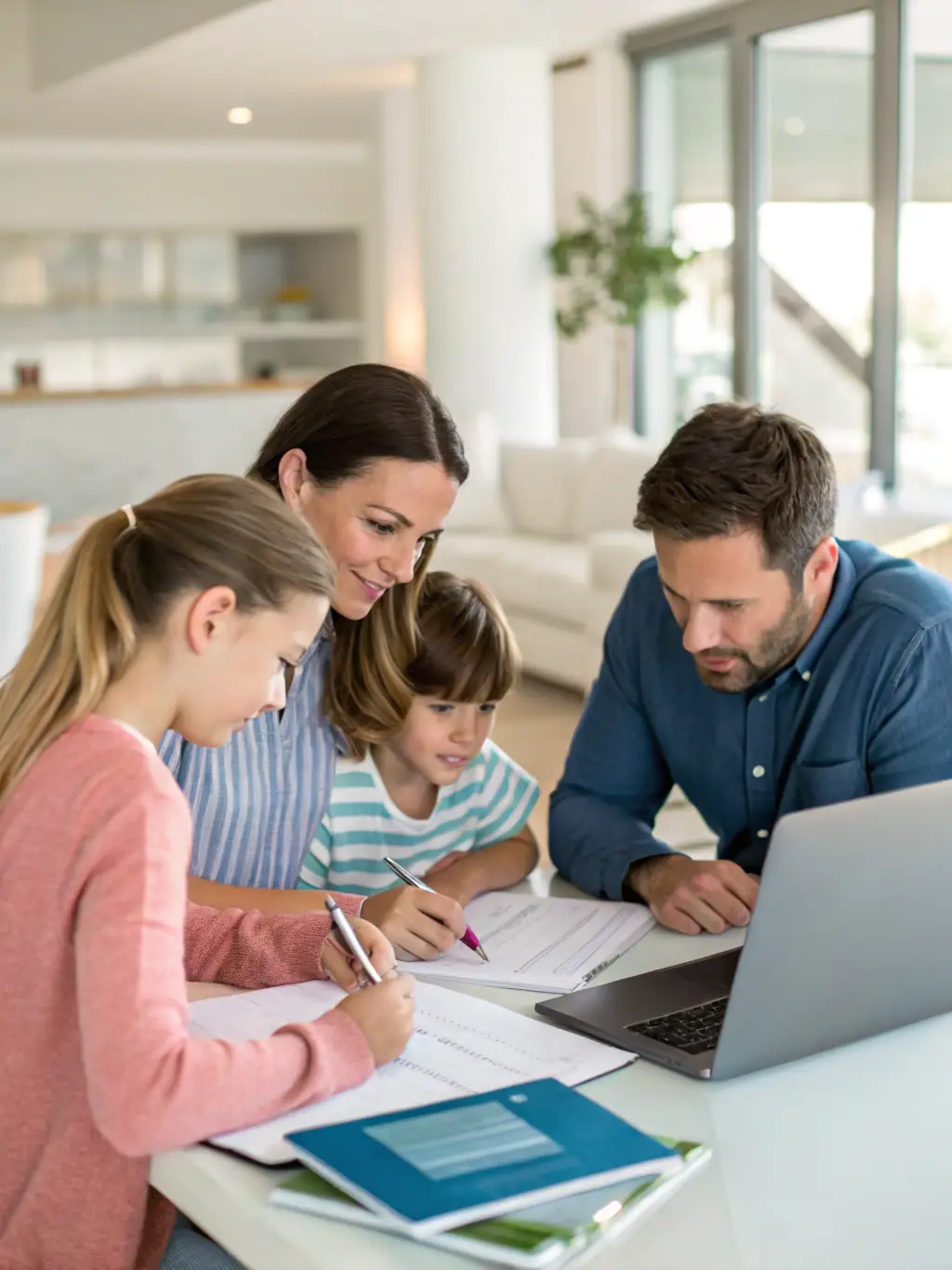 A family reviewing their financial plan with a consultant using a tablet and financial documents, representing Financial Planning.