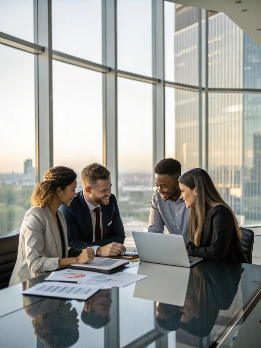 An image of a diverse group of Mexican business professionals collaborating on financial strategies in a modern office environment.