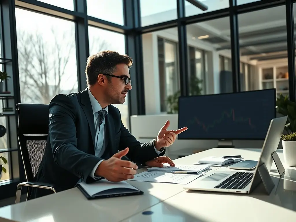 A professional advisor is discussing investment options with a client in a modern office setting, with graphs and charts displayed on a screen in the background, symbolizing strategic investment planning.