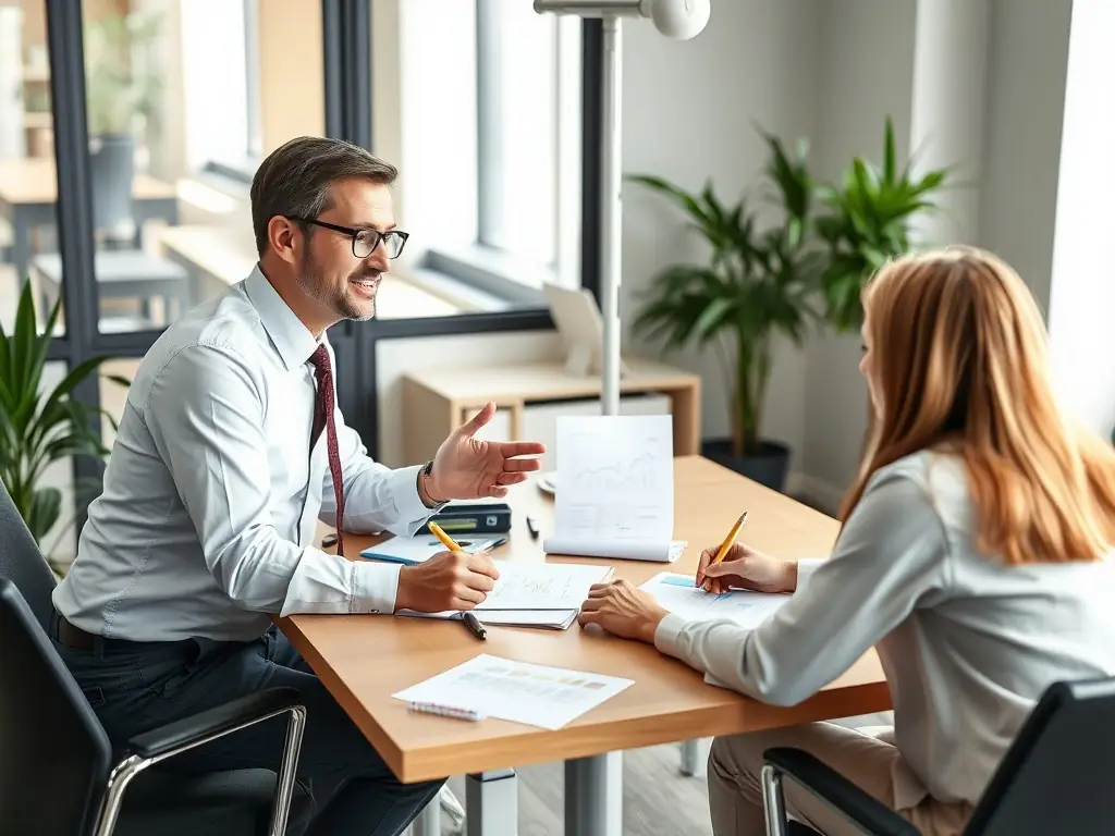 A financial planner is working with a client to create a detailed financial plan, using a laptop and financial documents, symbolizing a secure financial future.
