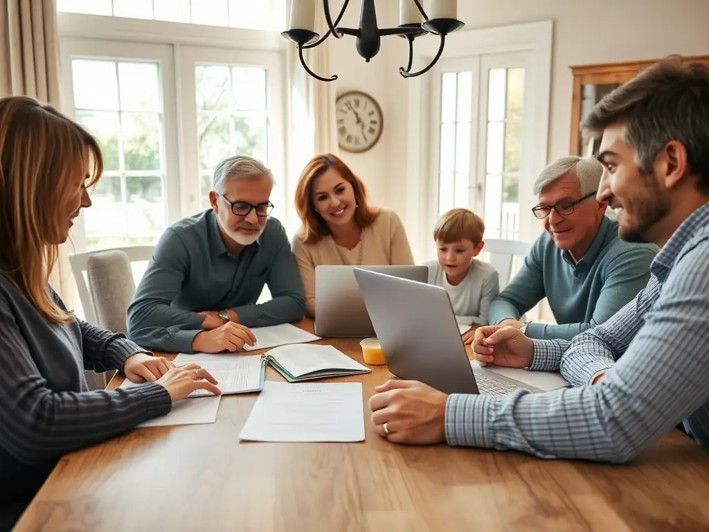 A family is reviewing financial documents together at home, with a focus on long-term financial security and wealth preservation, representing comprehensive wealth management.